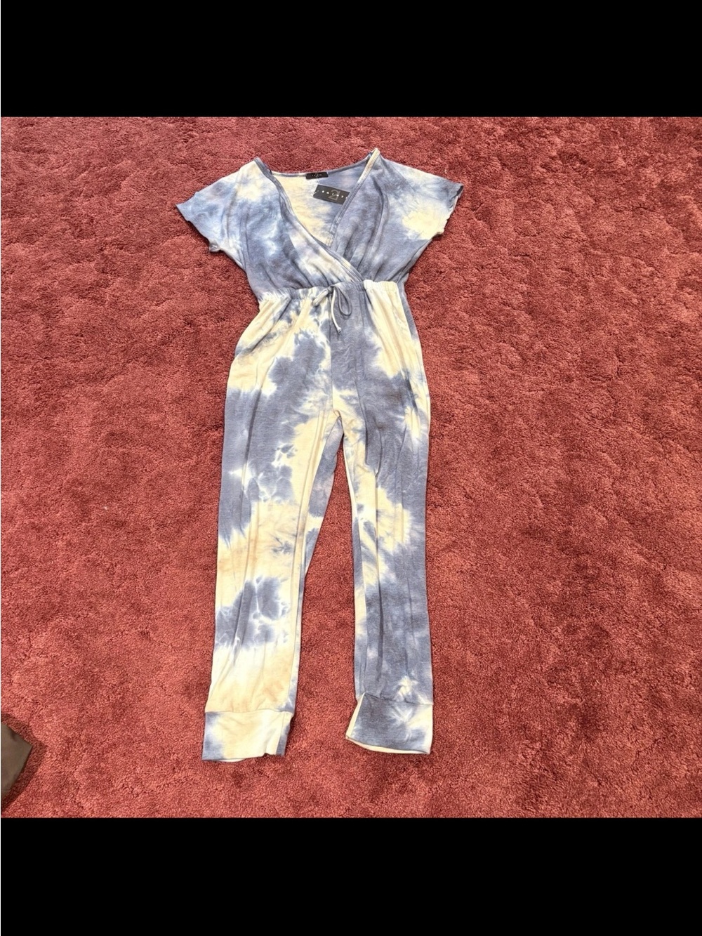 Tie-Dye Wrap Jumpsuit in Blue & Cream with Drawstring Waist